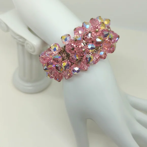 Vintage Pink Aurora Borealis Crystal Stretch Bracelet - Picture 3 of 12